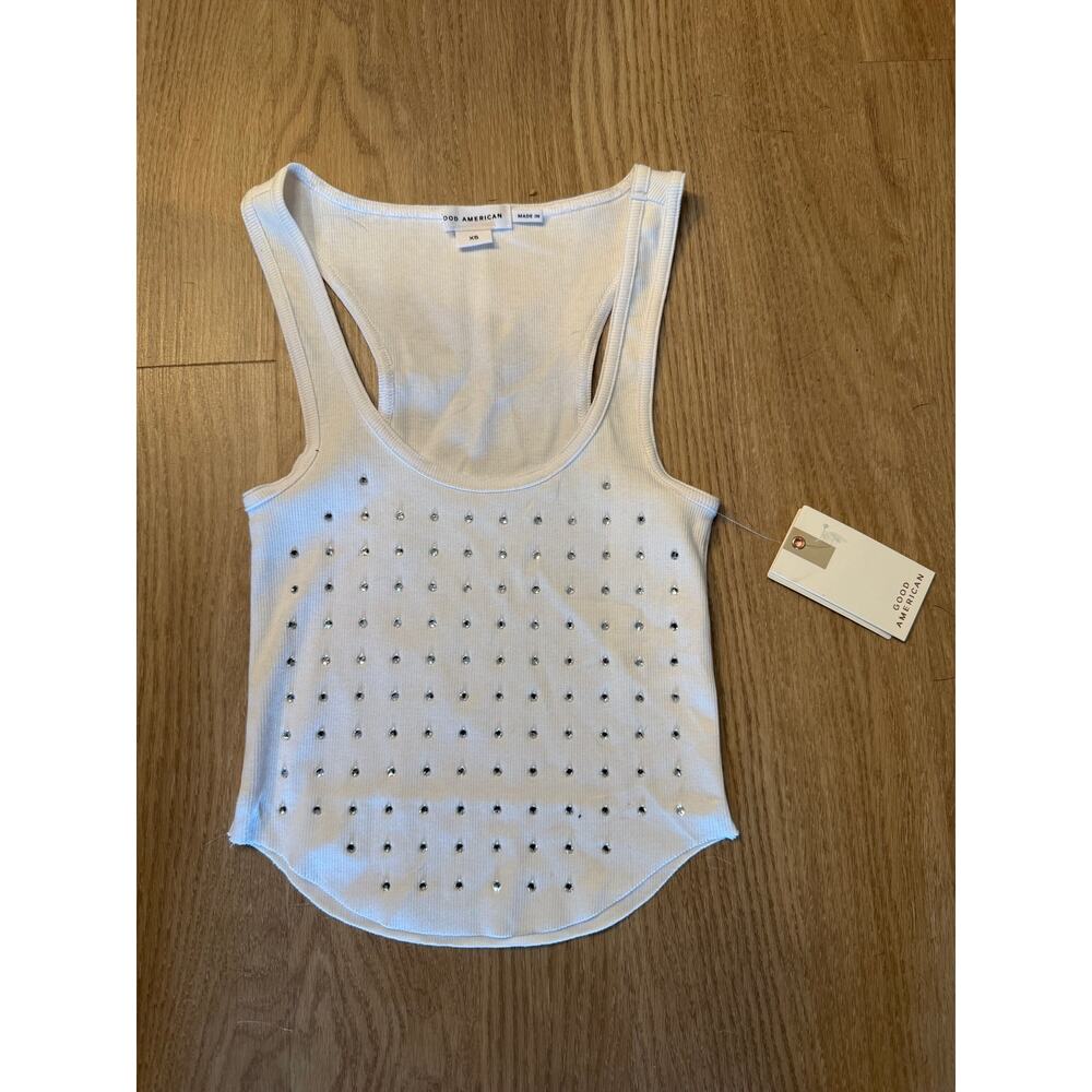 NWT Good American White Rhinestone Curved Hem Cropped Tank
